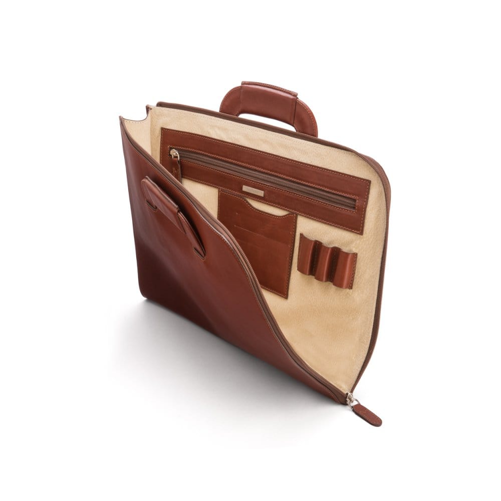 Leather document case with retractable handles, havana tan, inside