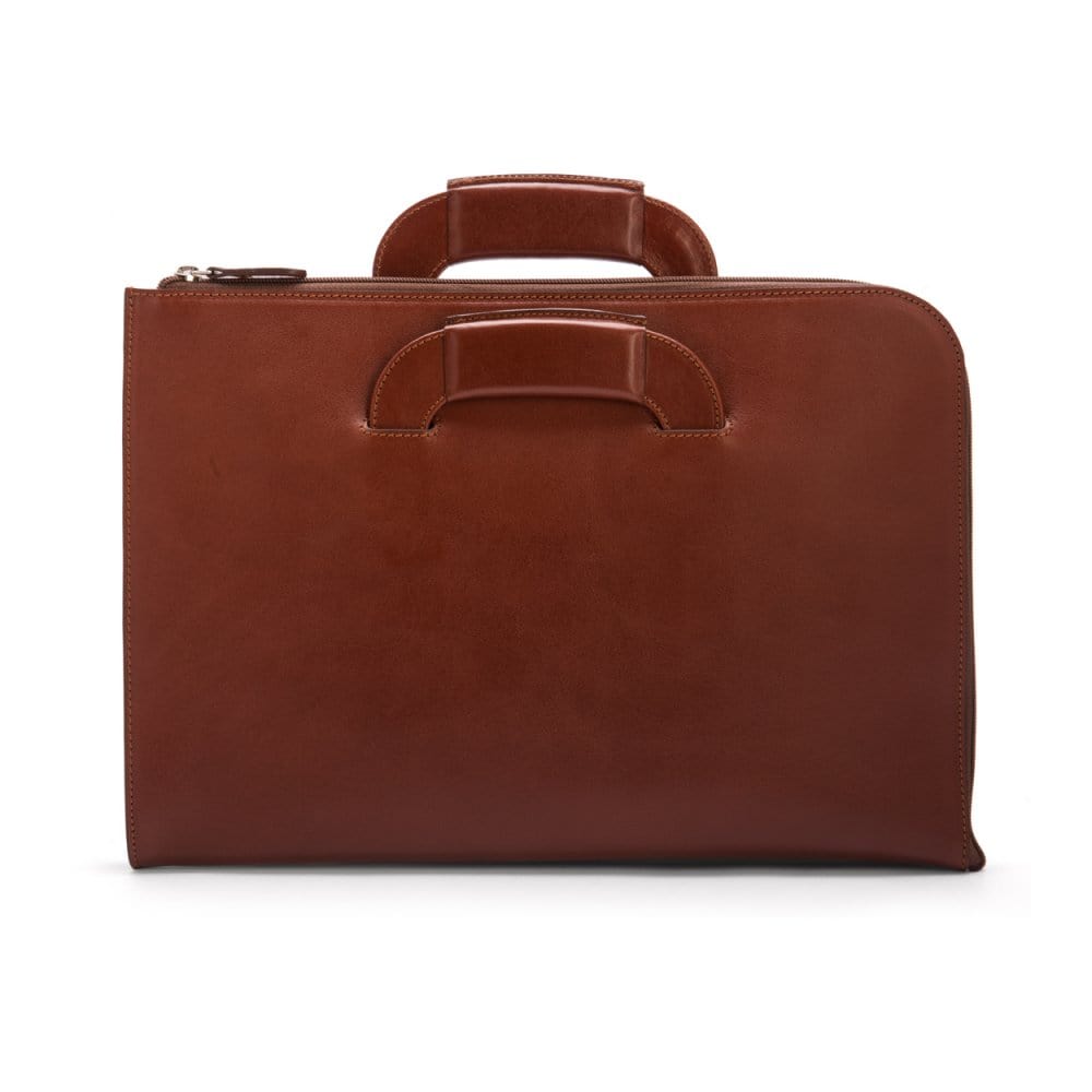 Leather document case with retractable handles, havana tan, front