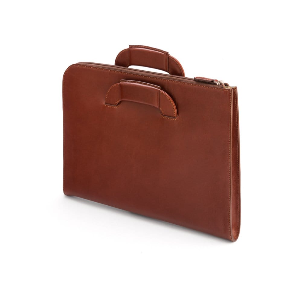 Leather document case with retractable handles, havana tan, back