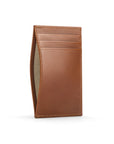 Flat leather credit card holder with middle pocket, 5 CC slots, tan, front