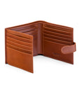 Leather wallet with tab closure, havana tan, open