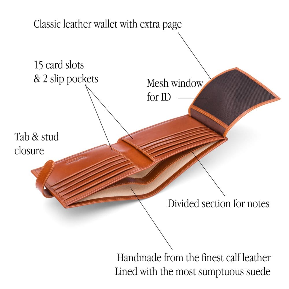 Leather wallet with tab closure, havana tan, features