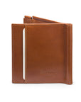 Leather money clip wallet with coin purse, havana tan, back
