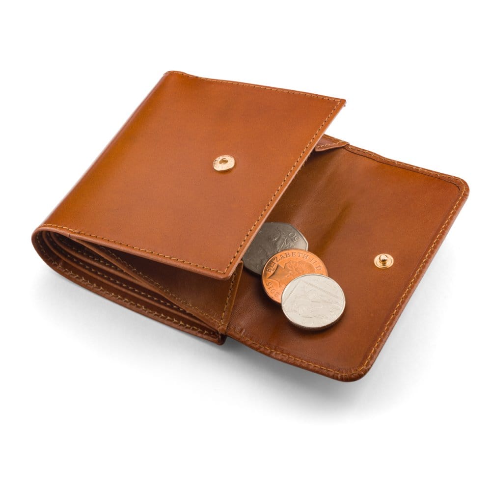 Leather purse with brass clasp, havana tan, open
