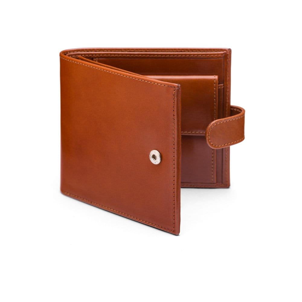 Leather wallet with coin purse, ID and tab closure, havana tan, front