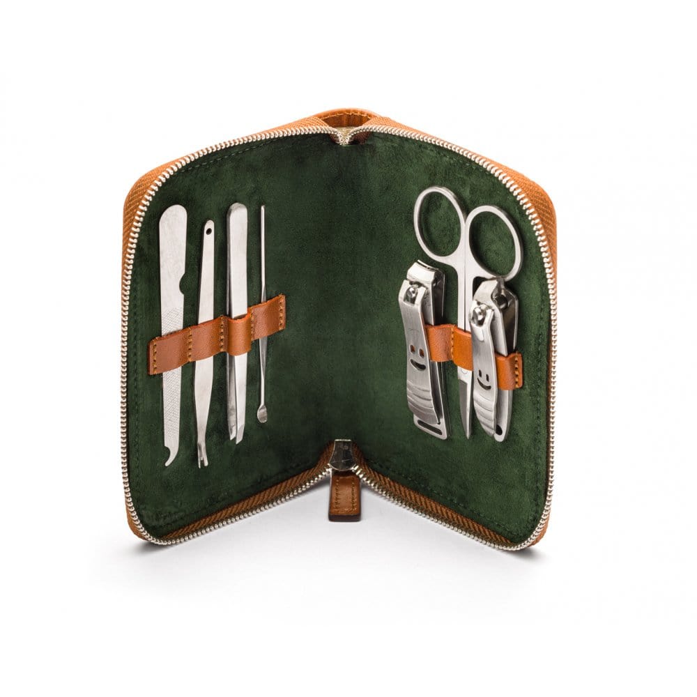 Leather zip around 7 piece manicure set, havana tan, open