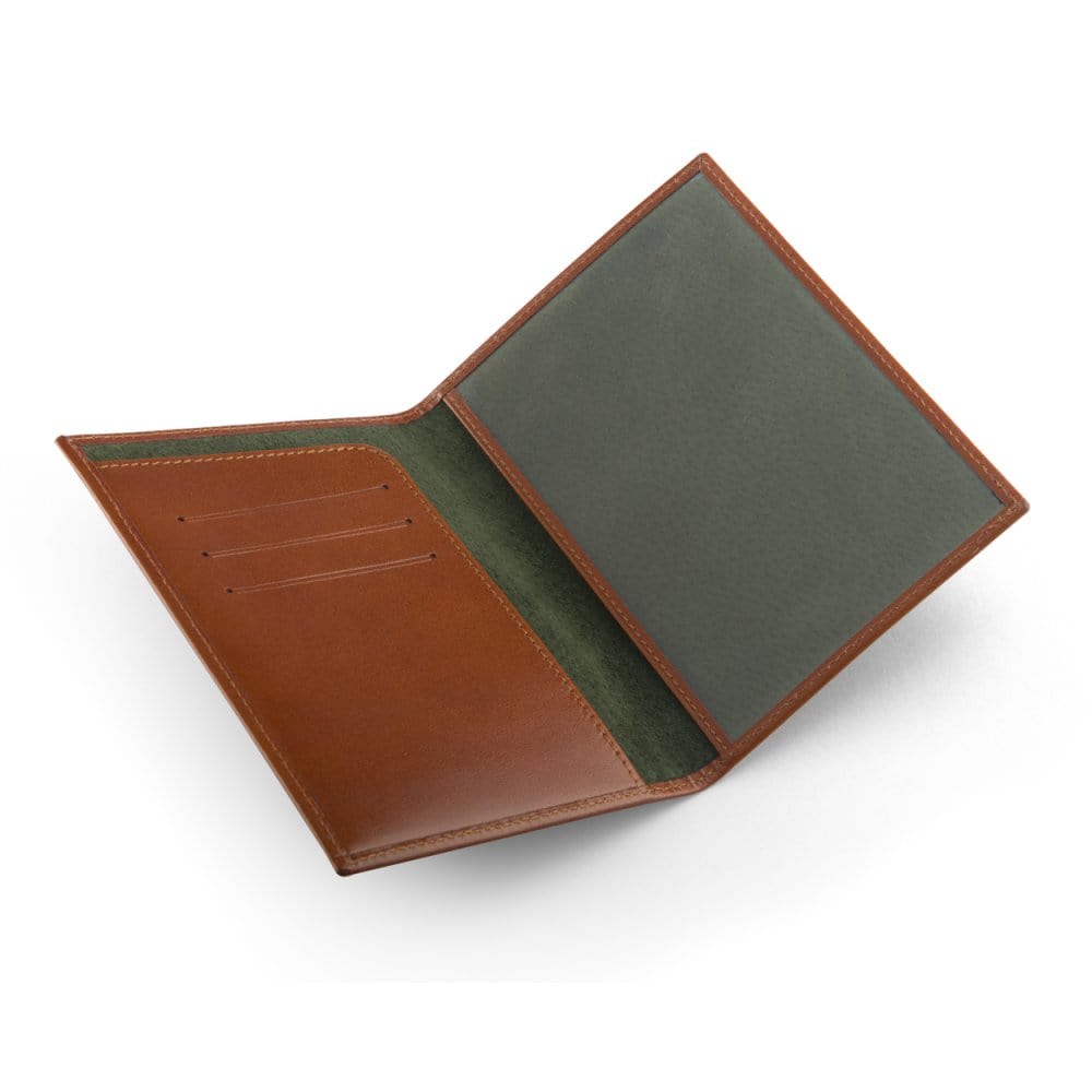 Luxury leather passport cover, tan, open