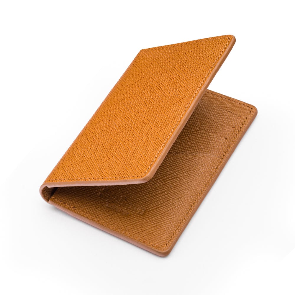 RFID bifold credit card holder, tan saffiano, open view