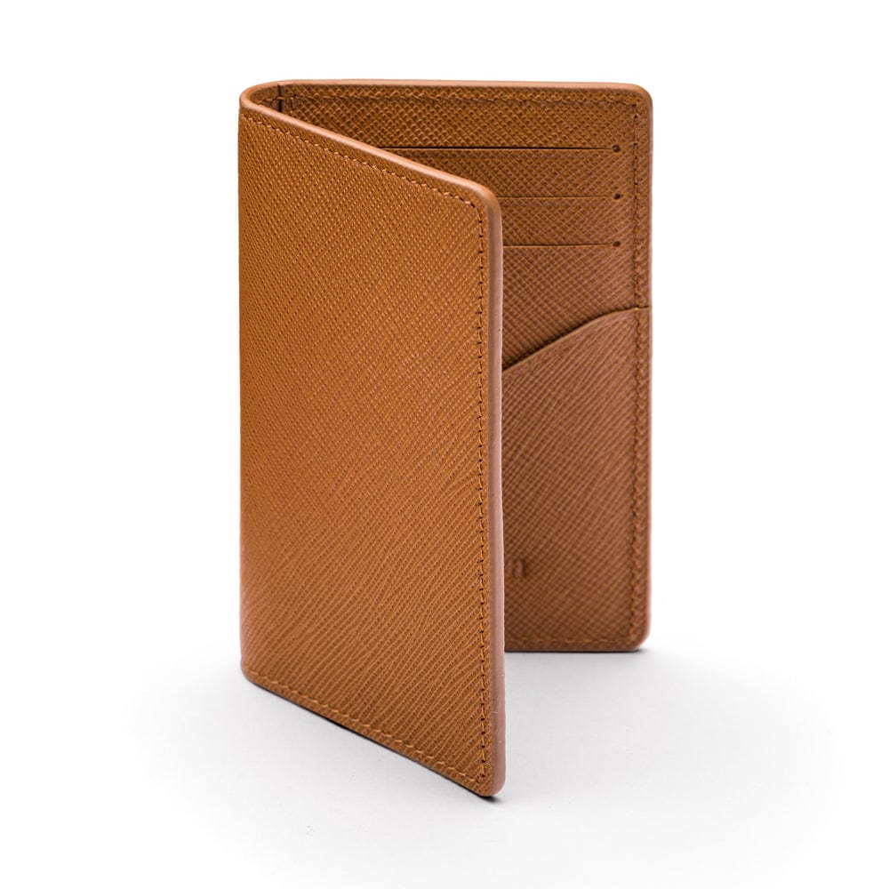 RFID bifold credit card holder, tan saffiano, front view