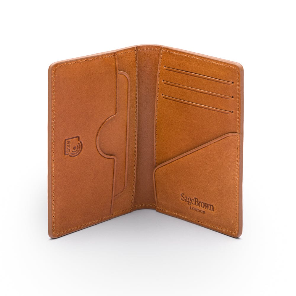 Leather card holder with RFID protection, havana tan, open