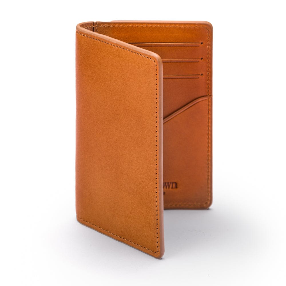 Leather card holder with RFID protection, havana tan, front