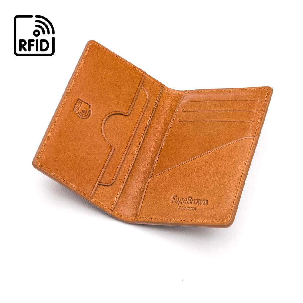 Leather card holder with RFID protection, havana tan, inside