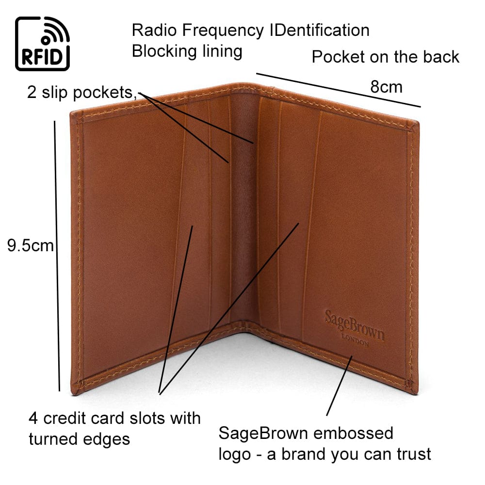 RFID leather credit card holder, havana tan, features