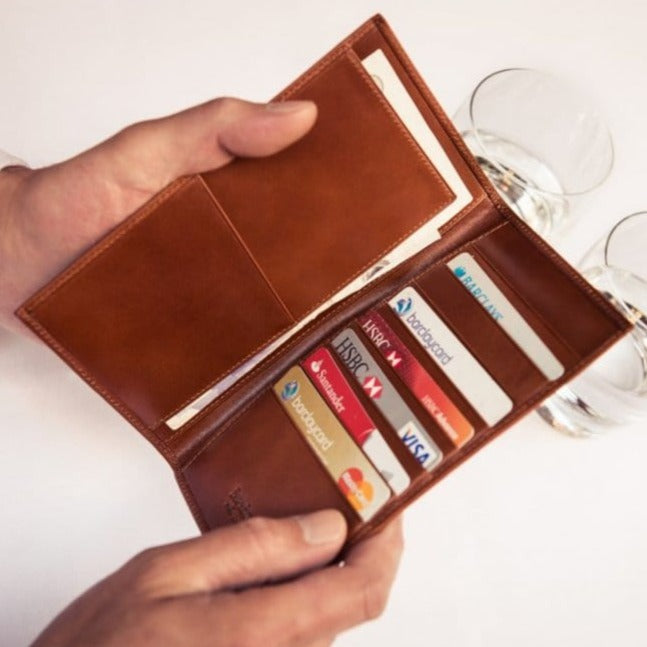 Slim tall leather suit wallet, havana tan, lifestyle