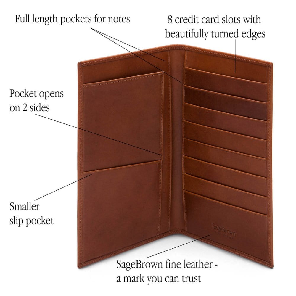 Slim tall leather suit wallet, havana tan, features