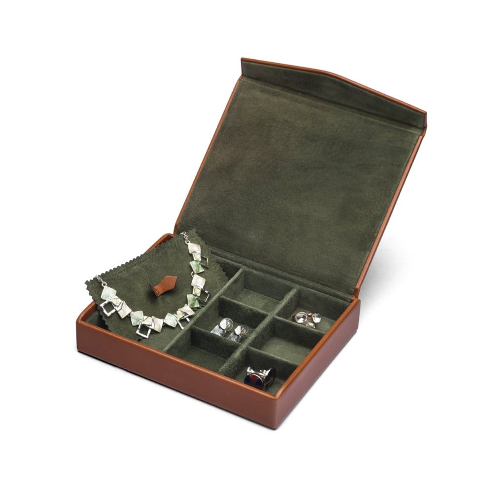 Large leather accessory box, havana tan, open