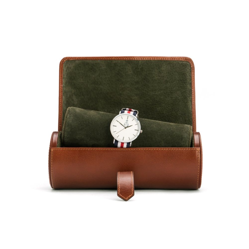 Large leather watch roll, tan, open