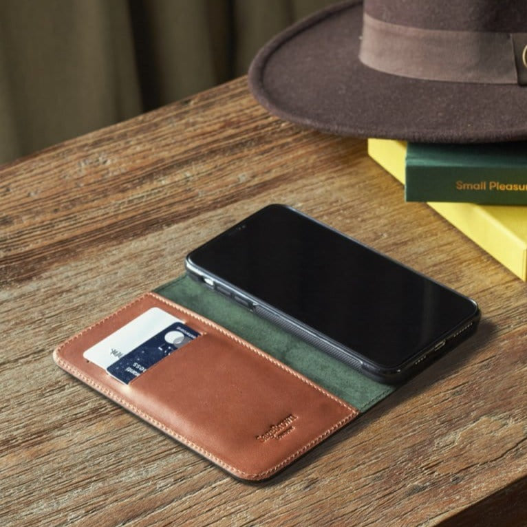 Leather iPhone 11 Pro Max wallet case, havana tan, lifestyle