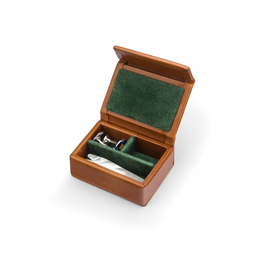 Small leather accessory box, havana tan with green, open