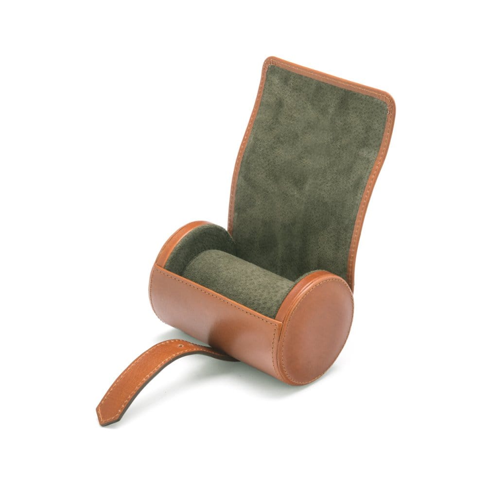 Small leather watch roll, tan, open
