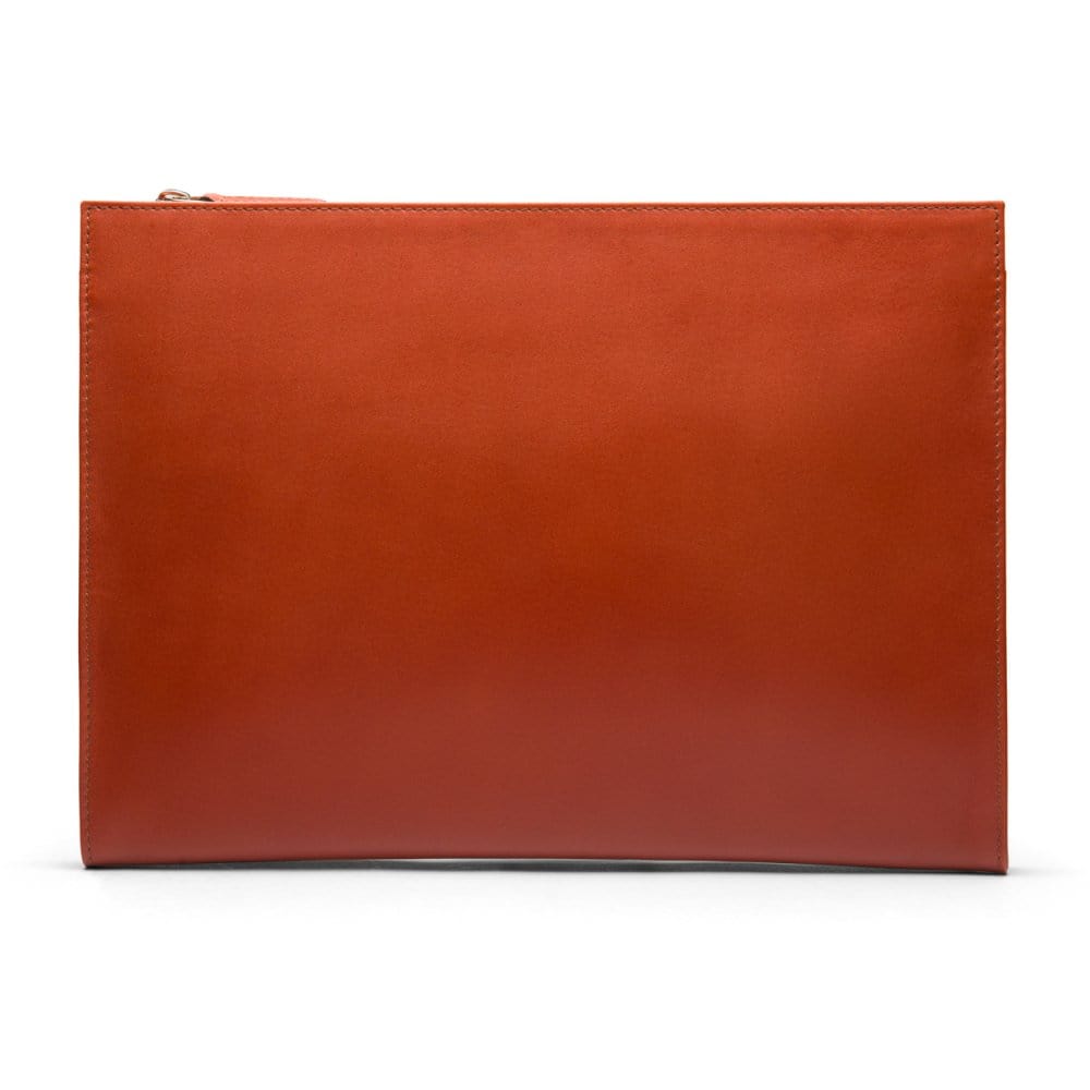 Zip top leather folder, havana tan, back view