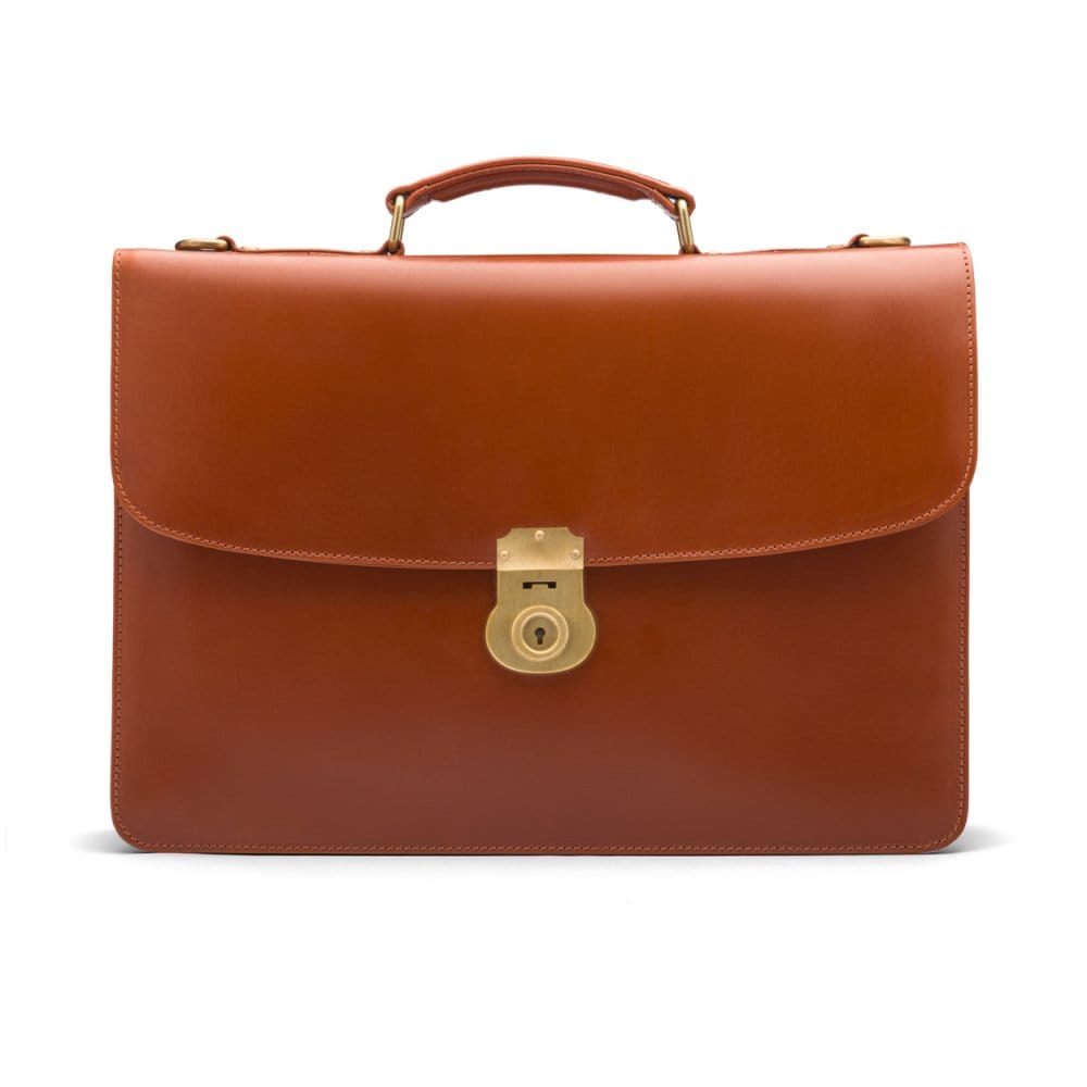 Bridle hide briefcase with brass lock, Harvard, tan, front