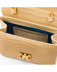 Small leather top handle bag, ivory croc, inside