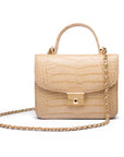 Small leather top handle bag, ivory croc, with chain strap
