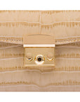 Small leather top handle bag, ivory croc, lock close up