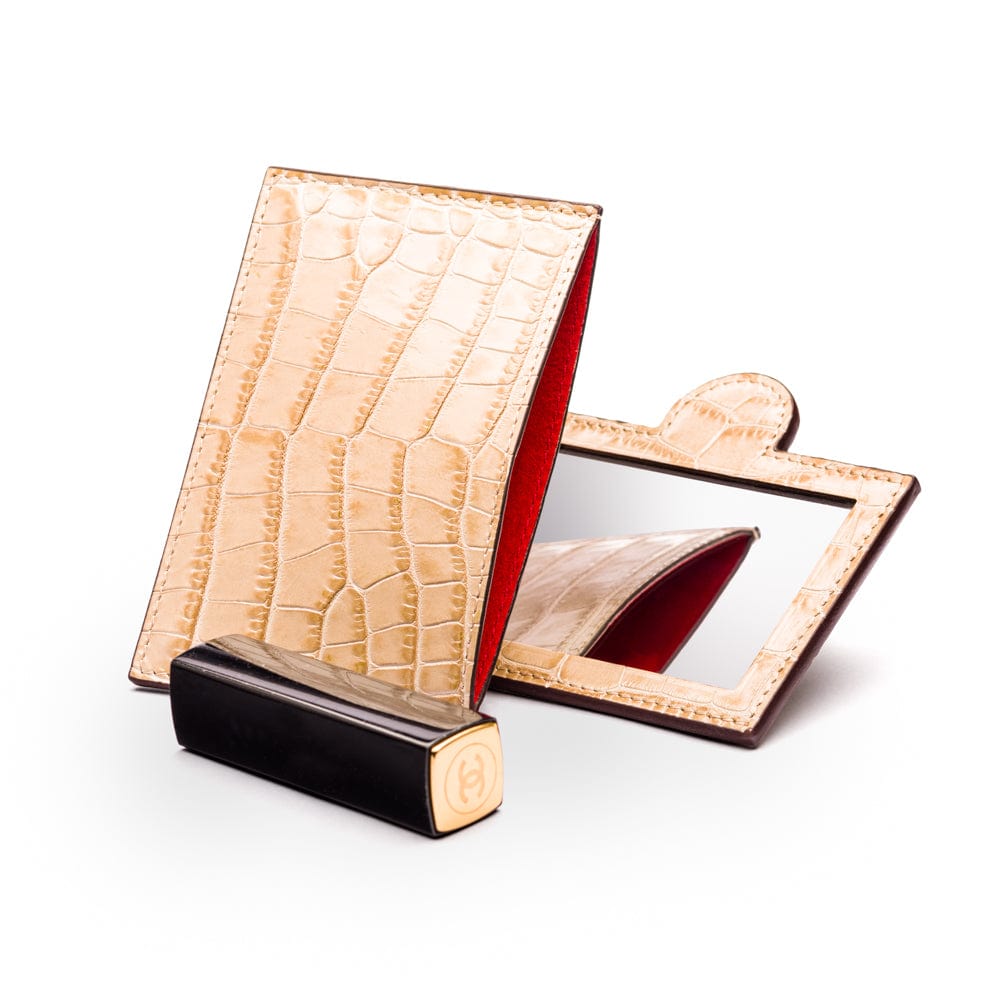 Compact leather mirror, ivory croc