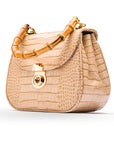 Bamboo handle bag, ivory croc, side view