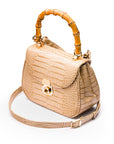 Bamboo handle bag, ivory croc, shoulder strap view
