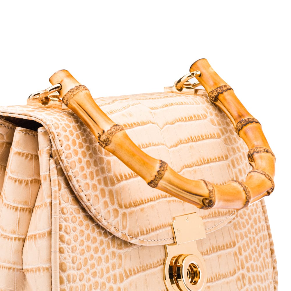 Bamboo handle bag, ivory croc, bamboo handle close up
