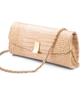 Leather clutch bag, ivory croc, long chain strap