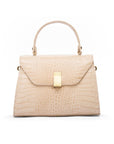 Leather top handle bag, ivory croc, front