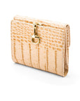 Leather purse with brass clasp, ivory croc, front view