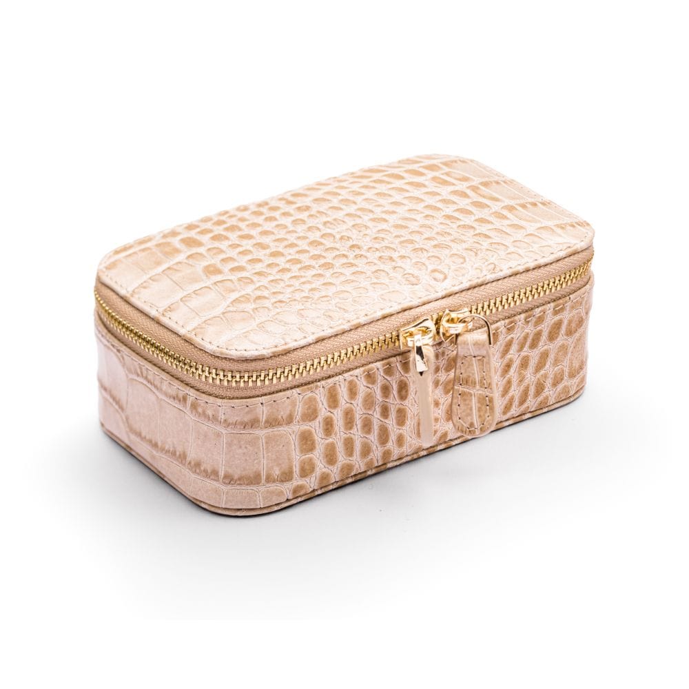 Rectangular zip around jewellery case, ivory croc, front