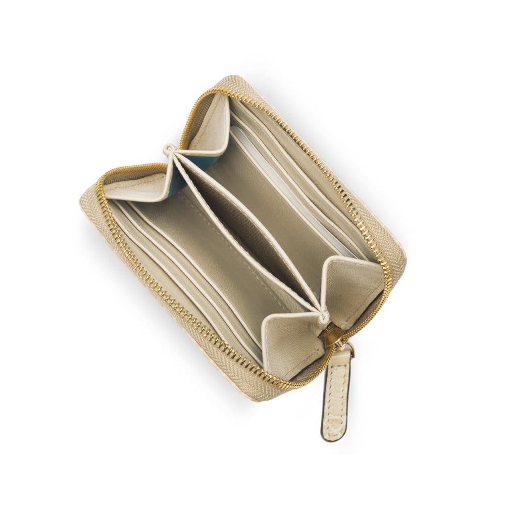 Small leather zip around accordion coin purse, ivory croc, open