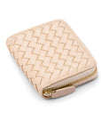 Small zip around woven leather accordion purse, ivory, front