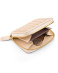 Small zip around woven leather accordion purse, ivory, inside