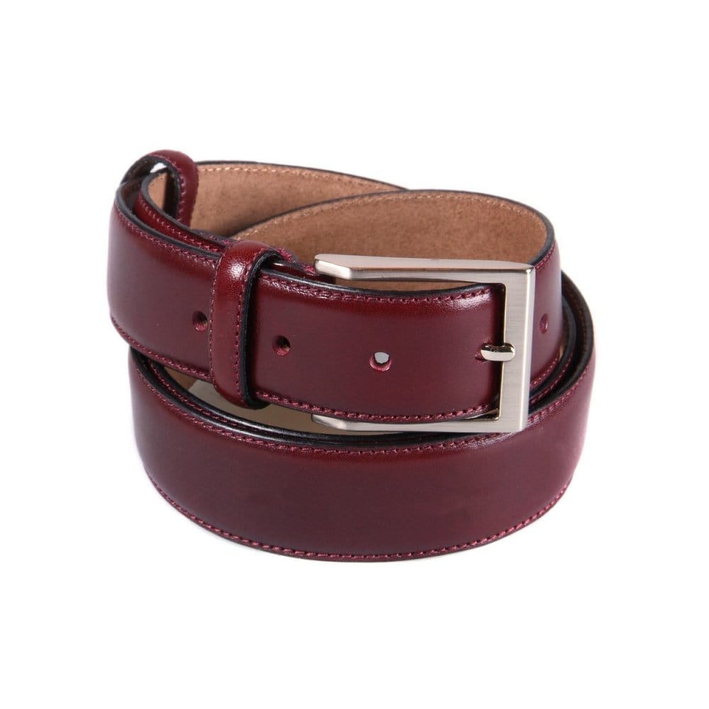 Leather belt with silver buckle, burgundy