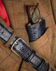 Leather belt with silver buckle, navy croc, lifestyle