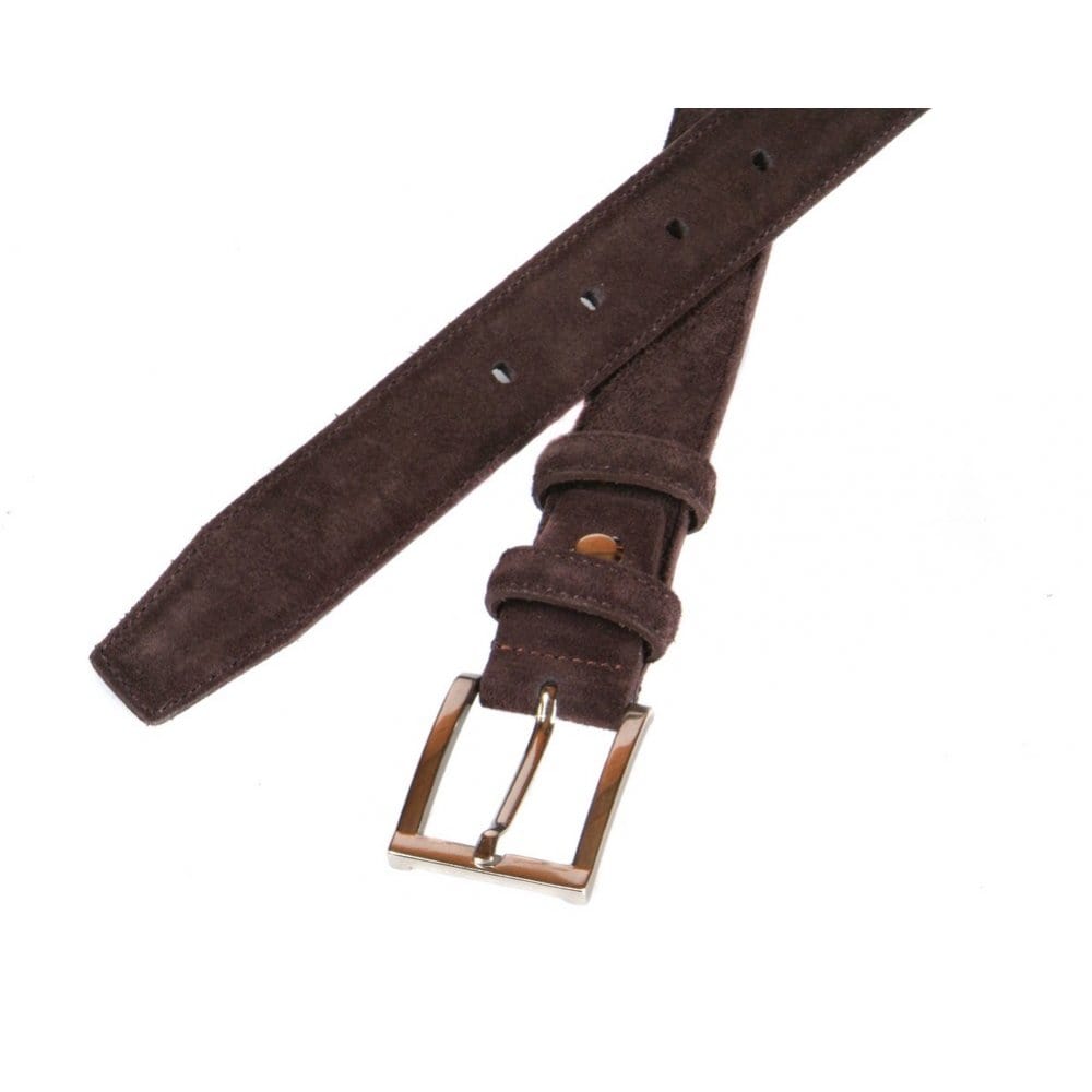 Men's leather skinny belt, brown suede, chisel tip