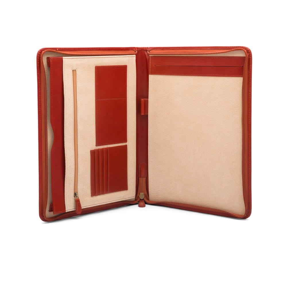A4 leather notepad folder, light tan, open