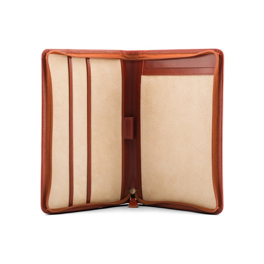 A5 zip around leather folder, light tan, open
