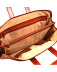 Leather portfolio with retractable handles, light tan, inside view