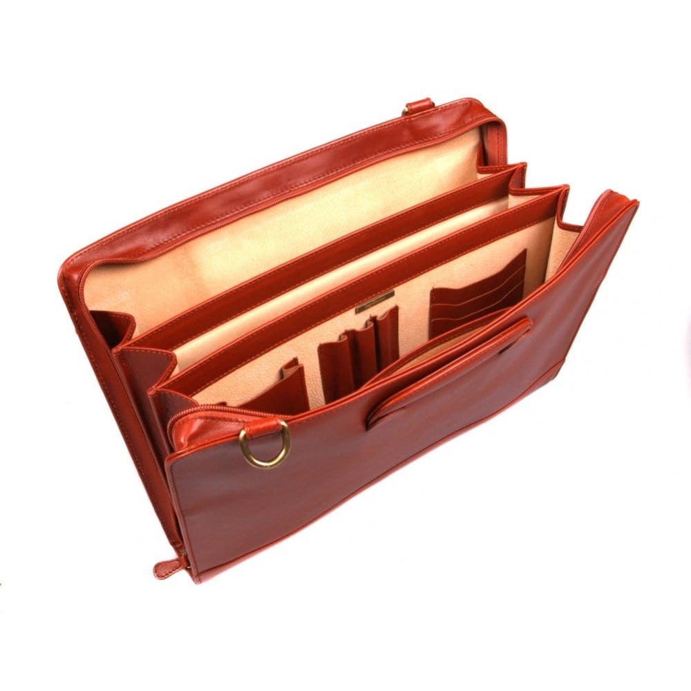 Leather briefcase with retractable handles, light tan, inside