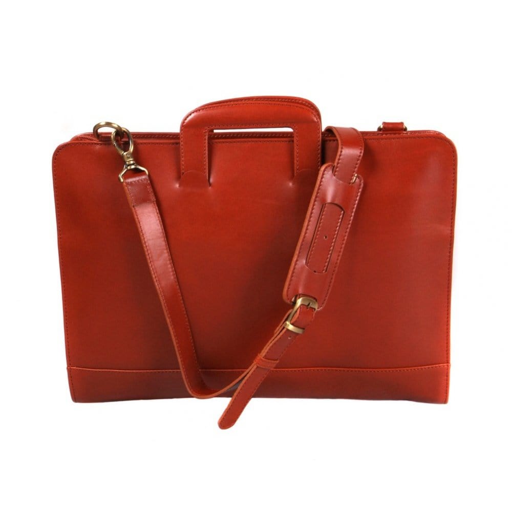 Leather briefcase with retractable handles, light tan, with shoulder strap