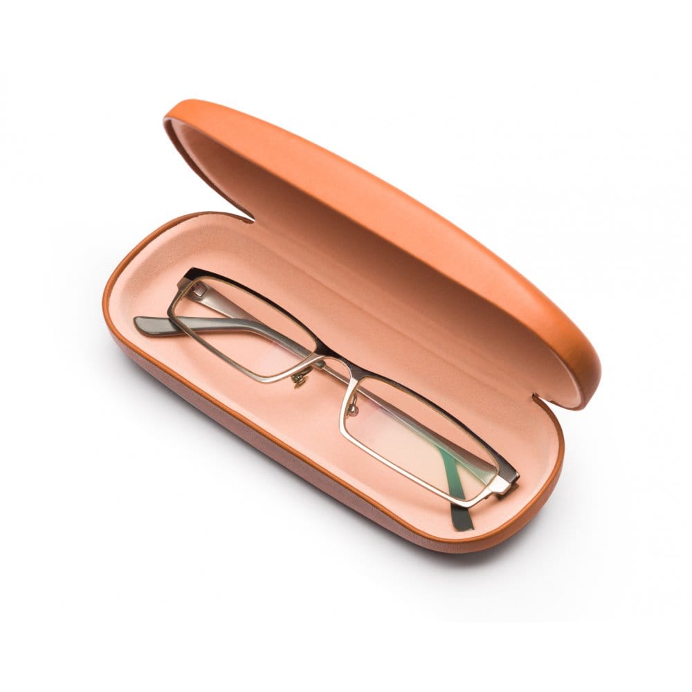 Hard rounded leather glasses case, light tan, open