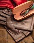 Hard rounded leather glasses case, light tan, lifestyle